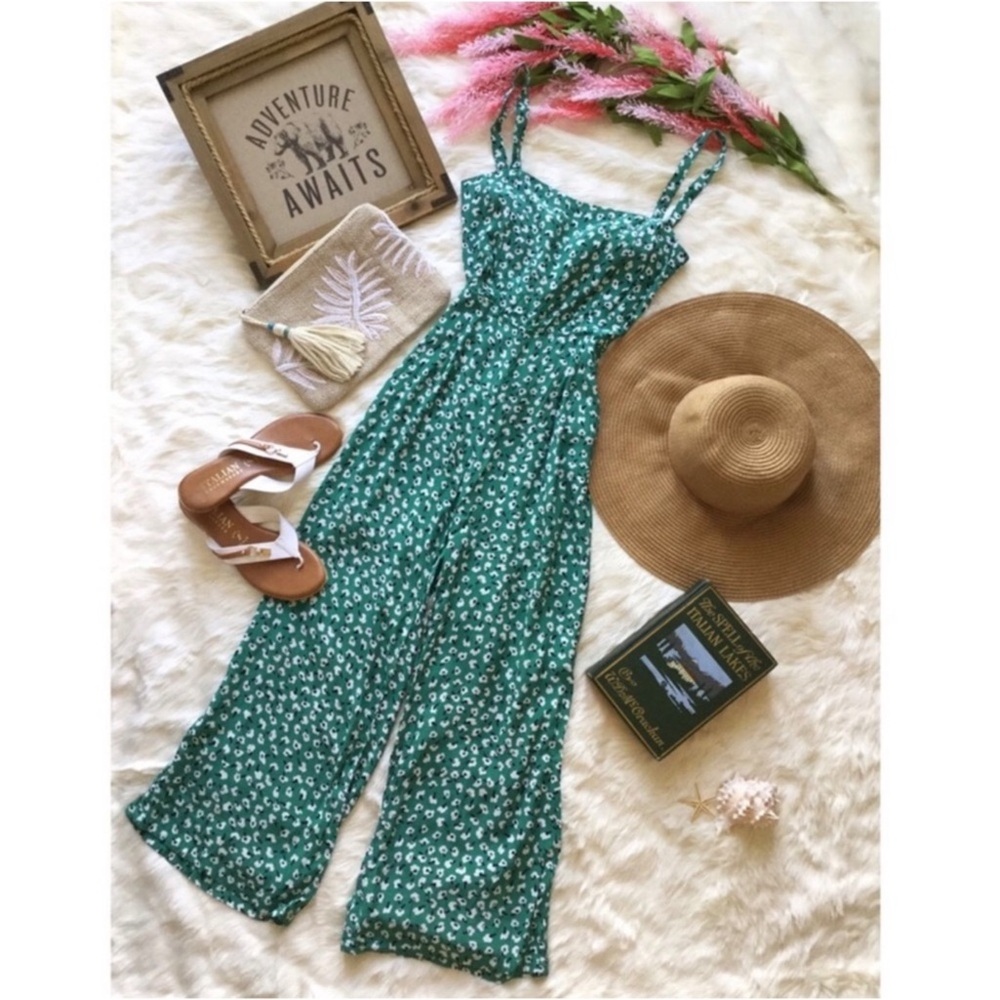 Faithfull the Brand Playa Green Floral Jumpsuit Sz 4 Small Spring Western